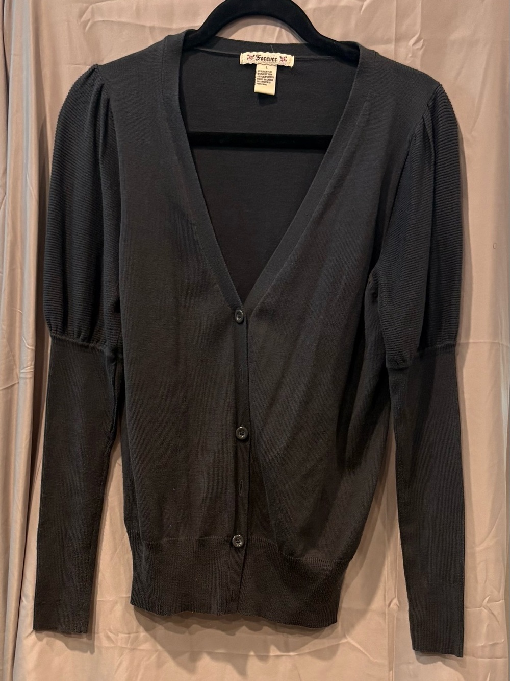 Forever 21 Black V-Neck Button Front Cardigan with Puff Shoulders